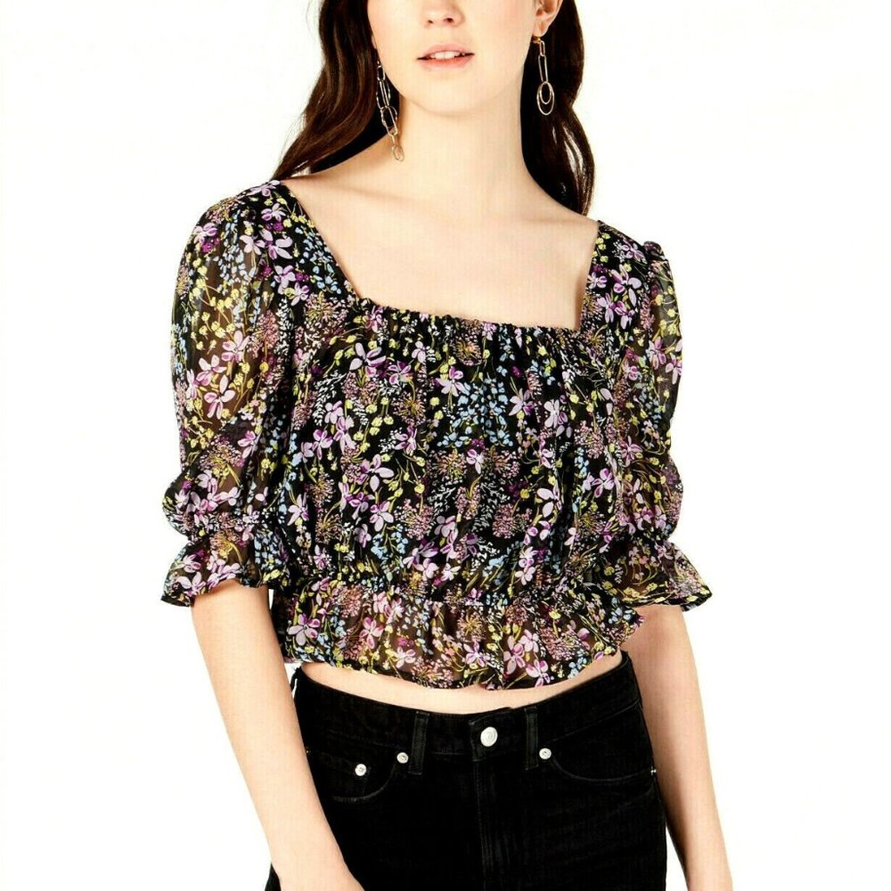 Material Girl Black Floral Printed Ruffle-Trim Top